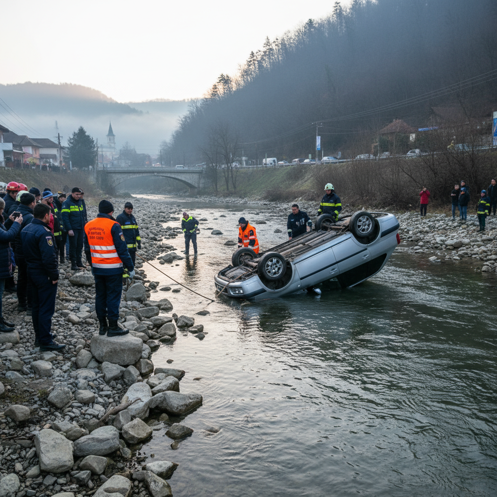 Autoturism răsturnat în râul Cerna, intervenție în curs