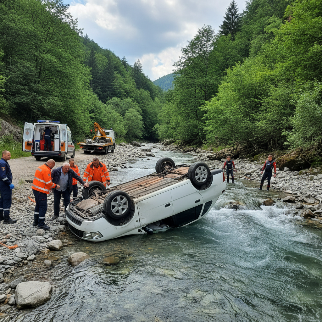 (FOTO-VIDEO) Mașină răsturnată în râul Cerna – Bărbat de 66 de ani transportat la spital