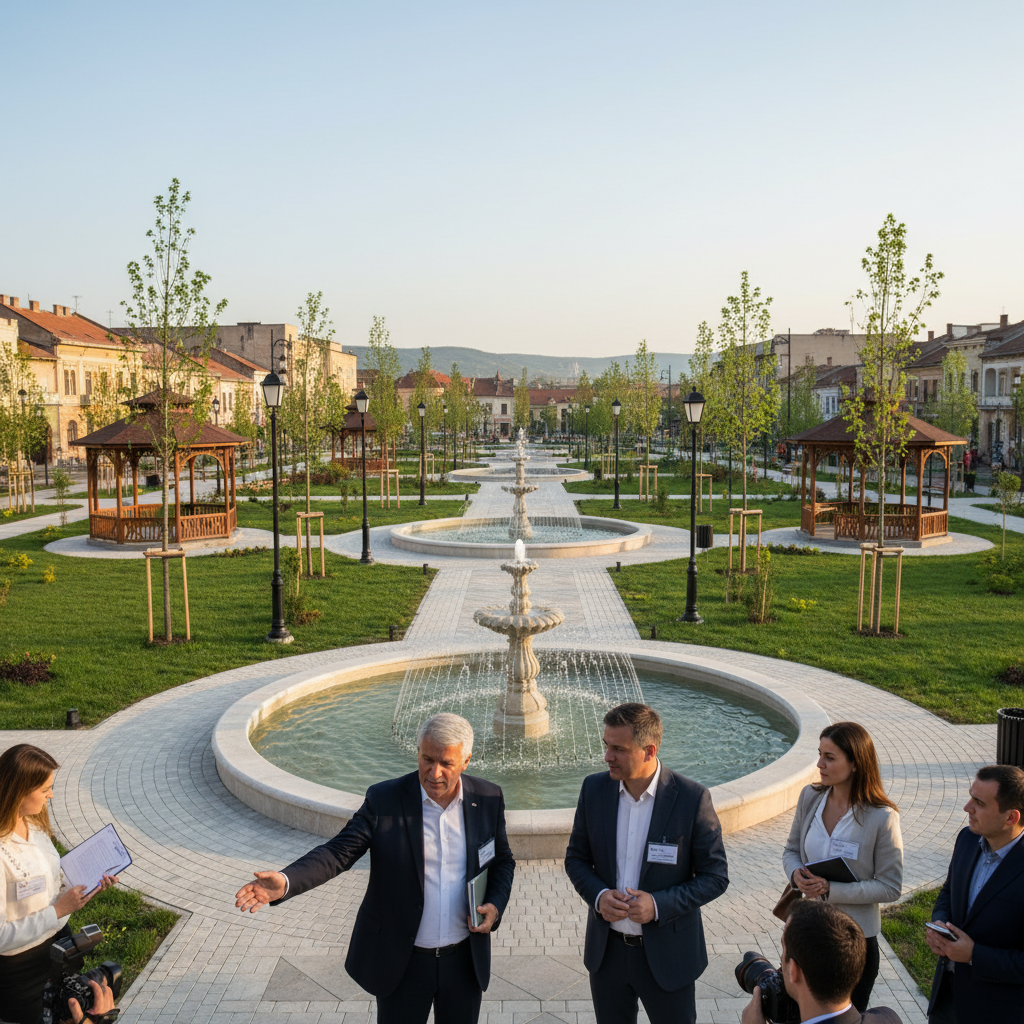 investiție de 5,8 milioane euro cu alei noi, foișoare, fântâni arteziene și 100 de arbori, explicată de primarul Bobouțanu și proiectant