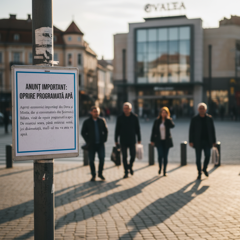 Oprire programată a apei miercuri seara până joi dimineață pentru agenții economici din Deva, Mintia și consumatorii din Șoimuș și Bălata; mall-ul va fi fără apă