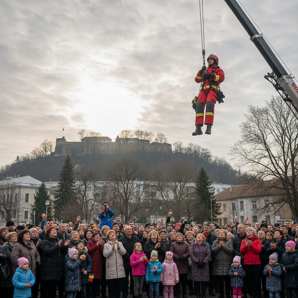 Pompier ISU Hunedoara suspendat deasupra mulțimii în timpul exercițiului de Ziua Națională