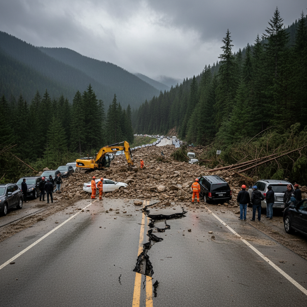 (Video) Alunecare de teren blocând traficul pe cel mai important drum din țară